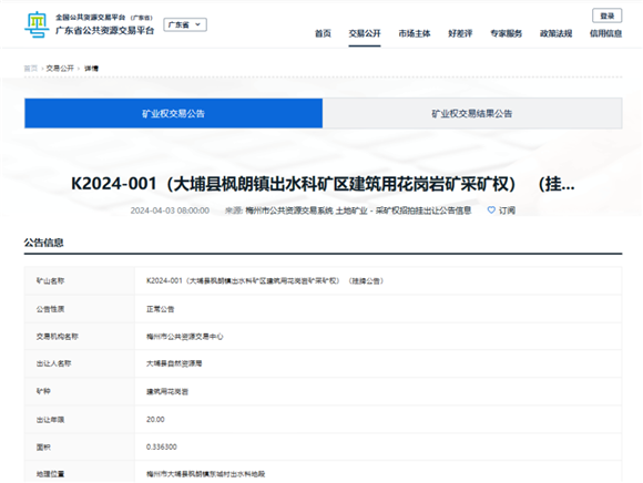 起始價(jià)2250萬元，廣東梅州出讓一宗礦權(quán)！